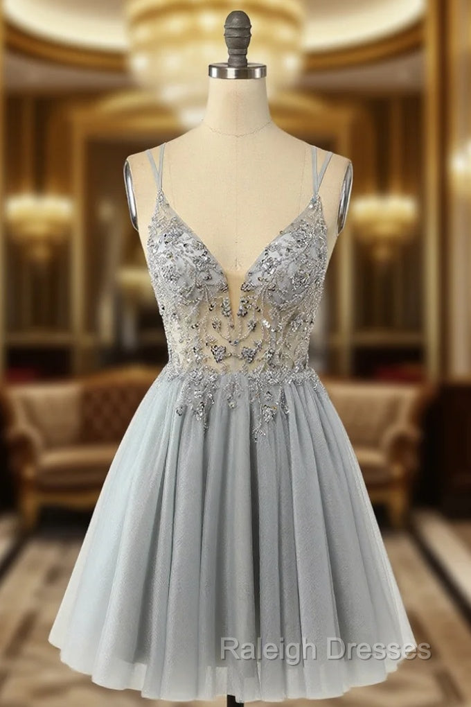 Gorgeous Grey Homecoming Dresses A Line Spaghetti Straps Short Prom Dresses with Beading Main image