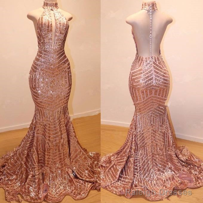 Gorgeous Halter Long Mermaid Champagne Gold Sequin Prom Dress
