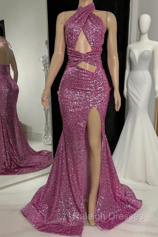 Gorgeous Halter Pink Prom Dress Sequins Sleeveless Long With Split Main image