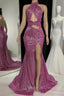 Gorgeous Halter Pink Prom Dress Sequins Sleeveless Long With Split