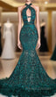 Gorgeous Halter Sleeveless Mermaid Prom Dresses Sequins Long With Feather Bottom