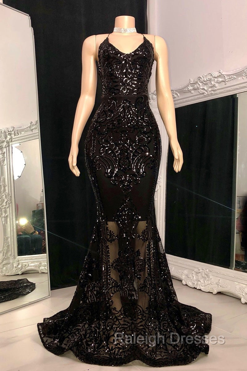 Gorgeous Halter V Neck Sleeveless Mermaid Prom Dresses Sequins Long Secondary image