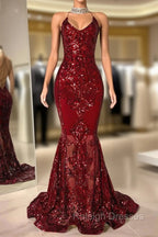 Gorgeous Halter V Neck Sleeveless Mermaid Prom Dresses Sequins Long