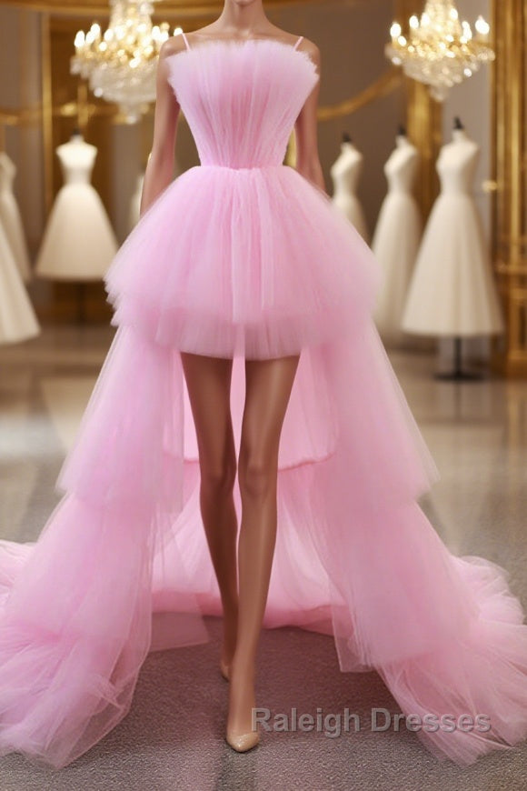 Gorgeous High Low Pink Tulle Long Prom Dresses, Pink Tulle Formal Graduation Evening Dresses Main image
