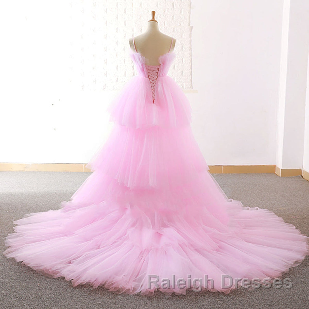 Gorgeous High Low Pink Tulle Long Prom Dresses, Pink Tulle Formal Graduation Evening Dresses Secondary image