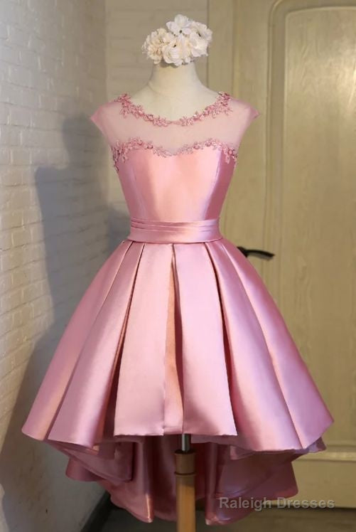 Gorgeous High Low Satin Homecoming Dress, Round Neckline Lace-Up Dress Main image