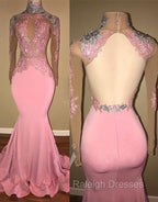 Gorgeous High-Neck Backless Pink Prom Prom GownMermaid With Lace Appliques