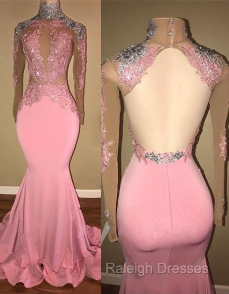 Gorgeous High-Neck Backless Pink Prom Prom GownMermaid With Lace Appliques