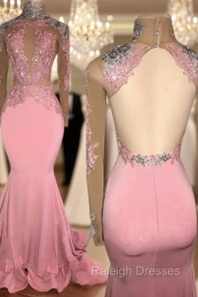 Gorgeous High-Neck Backless Pink Prom Party GownsMermaid With Lace Appliques Main image