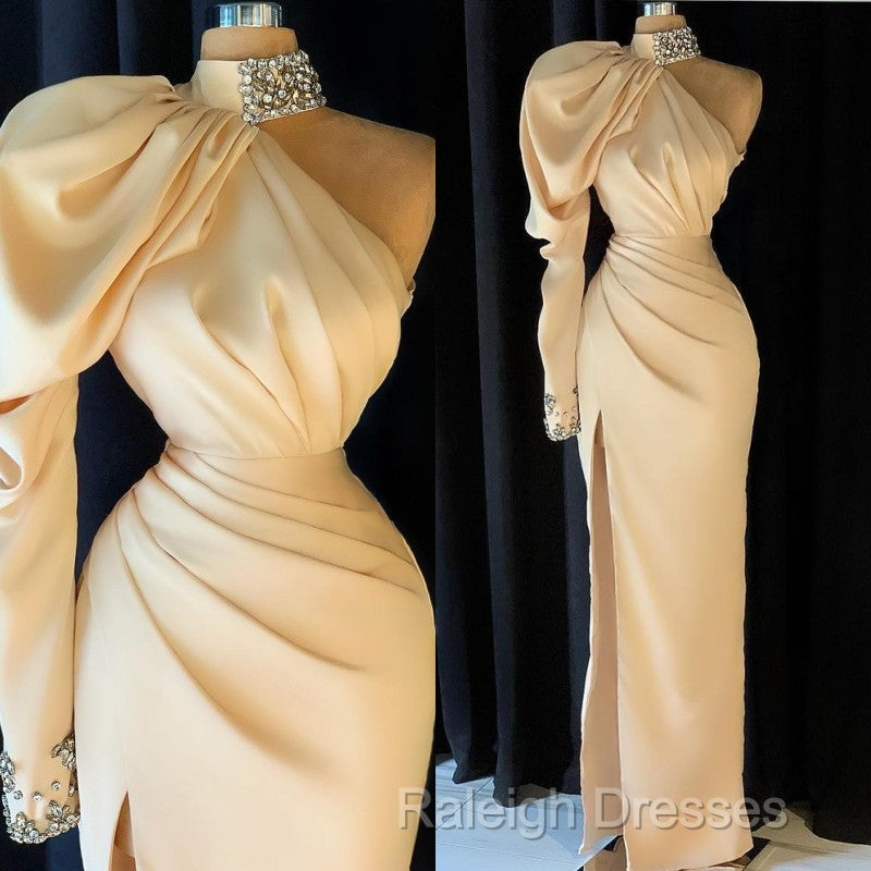 Charming High Neck Mermaid Stain Ruffles Prom Dress with Split