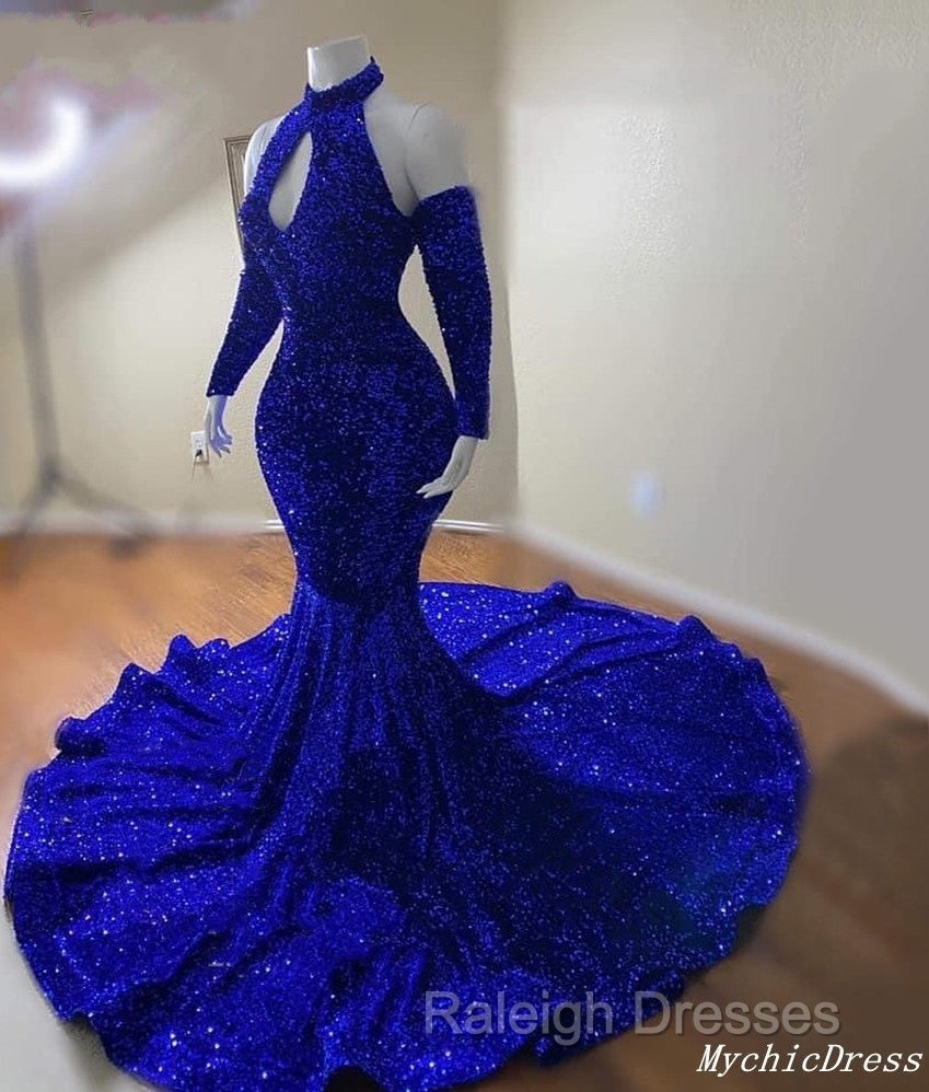 Gorgeous High Neck Long Sleeve Royal Blue Prom Dresses Sequins Party Dress Secondary image