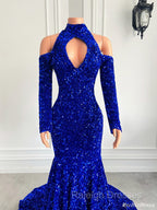 Gorgeous High Neck Long Sleeve Royal Blue Prom Dresses Sequins Party Dress