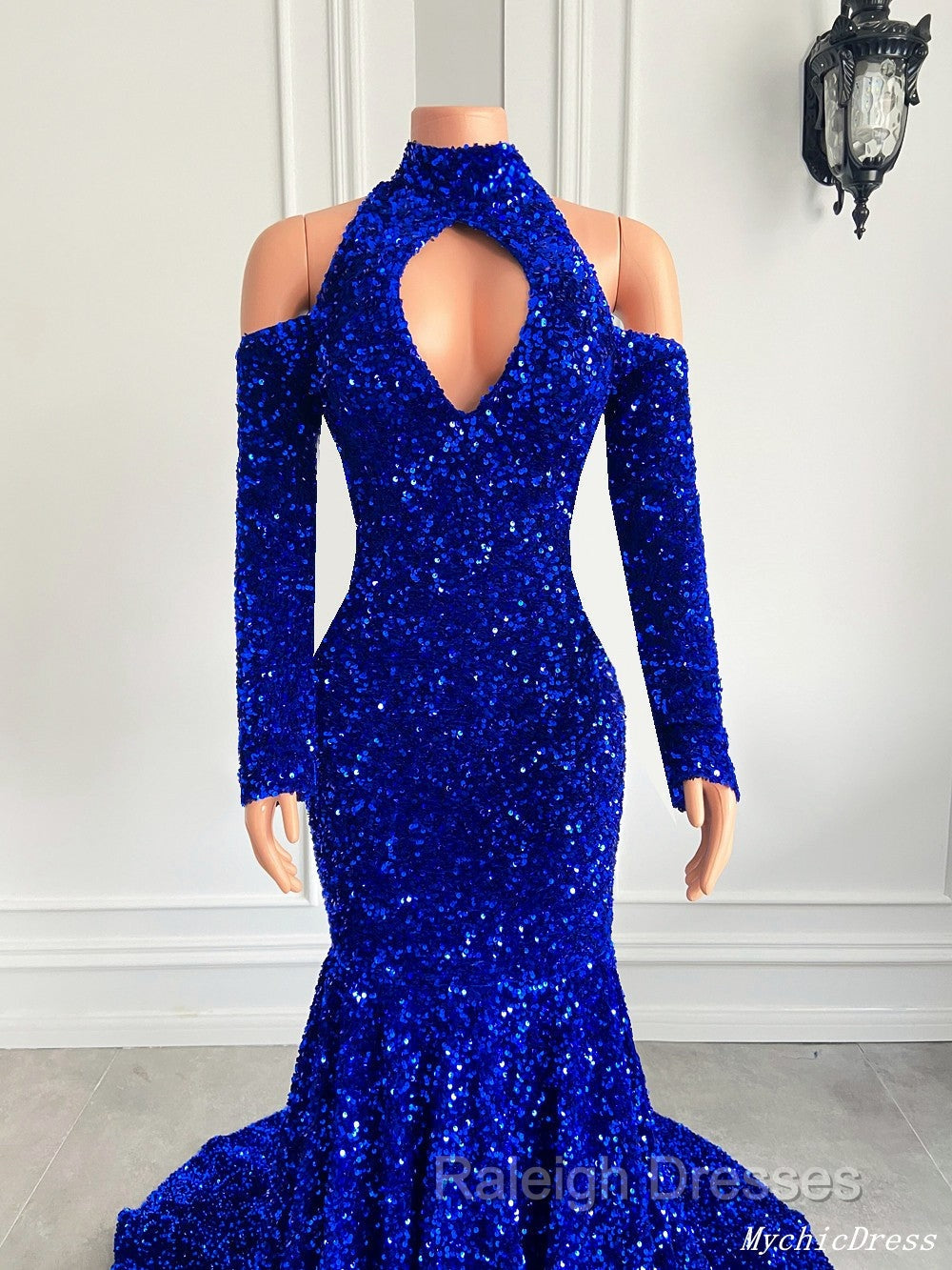 Gorgeous High Neck Long Sleeve Royal Blue Prom Dresses Sequins Party Dress