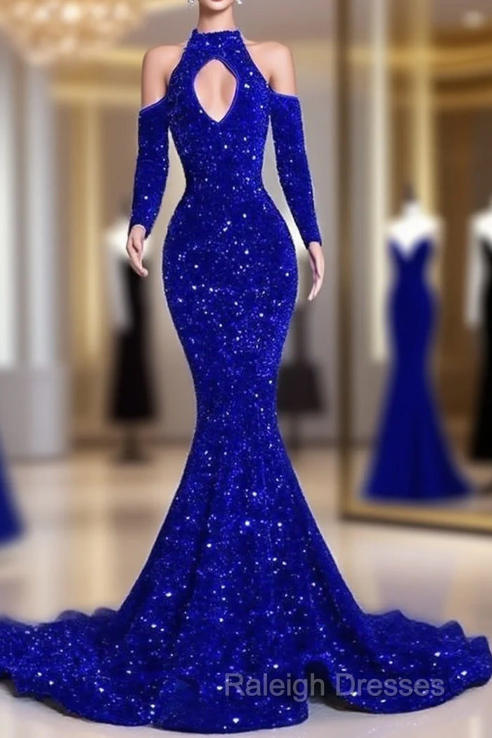 Gorgeous High Neck Long Sleeve Royal Blue Prom Dresses Sequins Party Dress