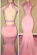 Gorgeous High Neck Pink Lace Prom GownsMermaid Long