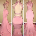 Gorgeous High Neck Pink Lace Prom Party GownsMermaid Long