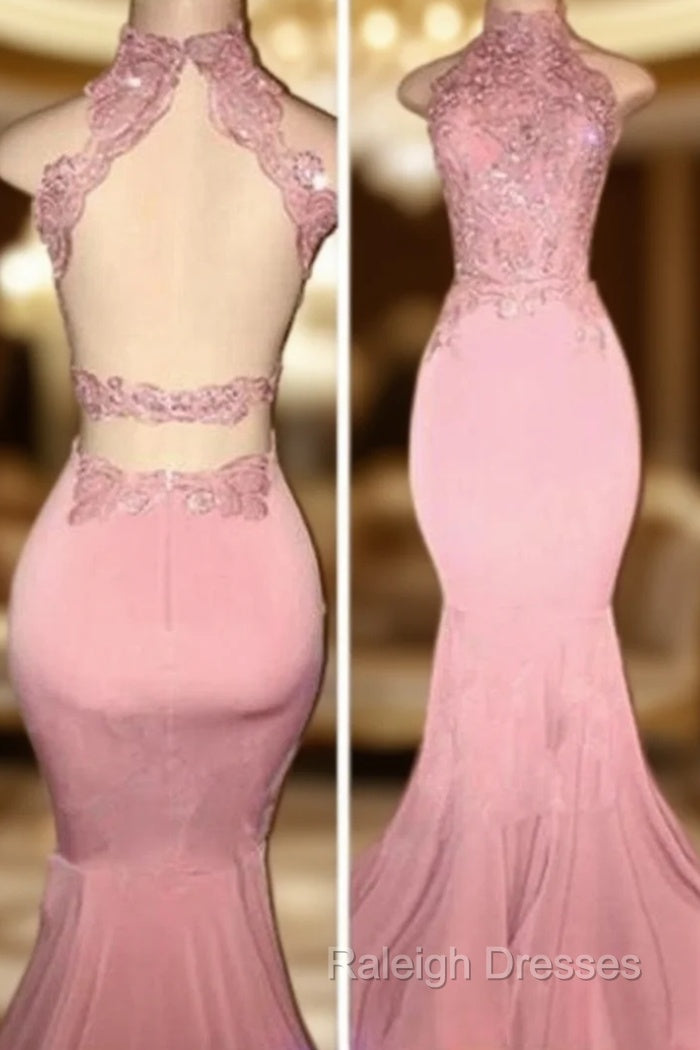 Gorgeous High Neck Pink Lace Prom Party GownsMermaid Long