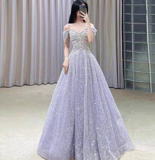 Gorgeous Lavender A-Line Off-The-Shoulder Rhinestone Embellished Sequined Sheer Tulle Long Formal Prom Dress Secondary image