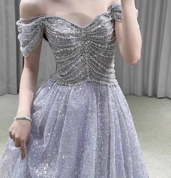 Gorgeous Lavender A-Line Off-The-Shoulder Rhinestone Embellished Sequined Sheer Tulle Long Formal Prom Dress