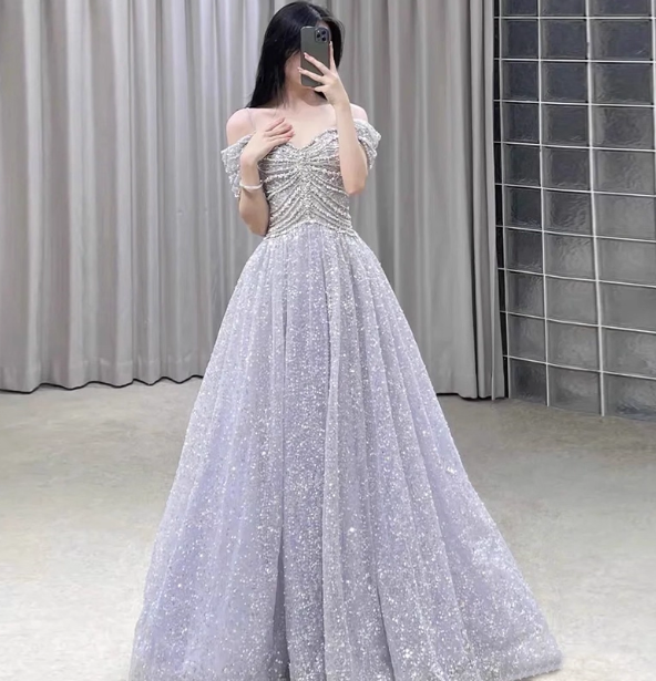 Gorgeous Lavender A-Line Off-The-Shoulder Rhinestone Embellished Sequined Sheer Tulle Long Formal Prom Dress Main image