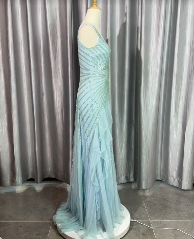 Gorgeous Light Blue V-Neck Ruffled Sequined Chiffon Long Formal Prom Dress