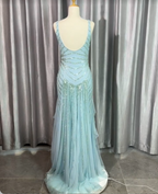 Gorgeous Light Blue V-Neck Ruffled Sequined Chiffon Long Formal Prom Dress