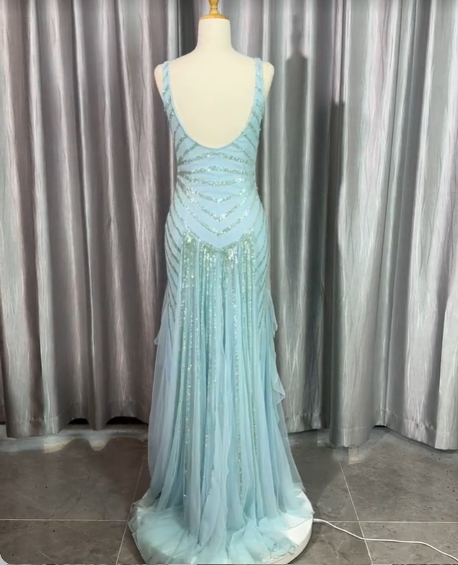 Gorgeous Light Blue V-Neck Ruffled Sequined Chiffon Long Formal Prom Dress