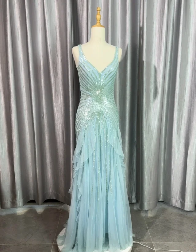 Gorgeous Light Blue V-Neck Ruffled Sequined Chiffon Long Formal Prom Dress