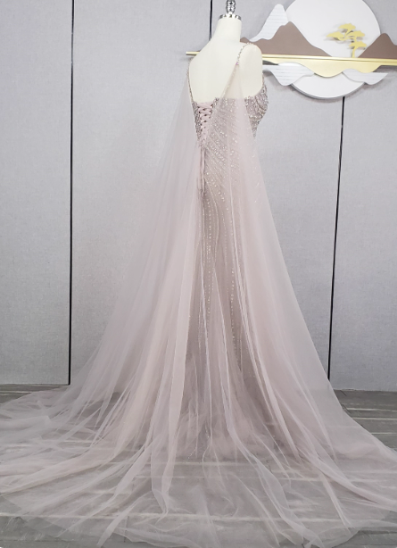 Gorgeous Light Lilac Spaghetti Strap Square Neck Rhinestone Tulle Train Formal Prom Dress Secondary image