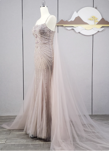 Gorgeous Light Lilac Spaghetti Strap Square Neck Rhinestone Tulle Train Formal Prom Dress