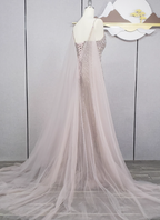 Gorgeous Light Lilac Spaghetti Strap Square Neck Rhinestone Tulle Train Formal Prom Dress
