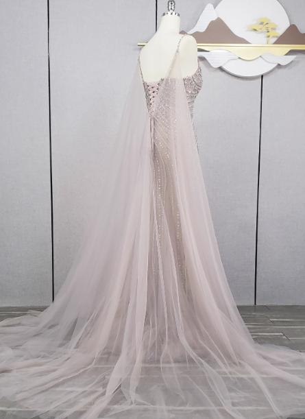 Gorgeous Light Lilac Spaghetti Strap Square Neck Rhinestone Tulle Train Formal Prom Dress