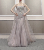 Gorgeous Light Lilac Spaghetti Strap Square Neck Rhinestone Tulle Train Formal Prom Dress