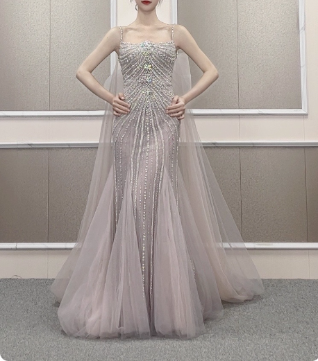 Gorgeous Light Lilac Spaghetti Strap Square Neck Rhinestone Tulle Train Formal Prom Dress