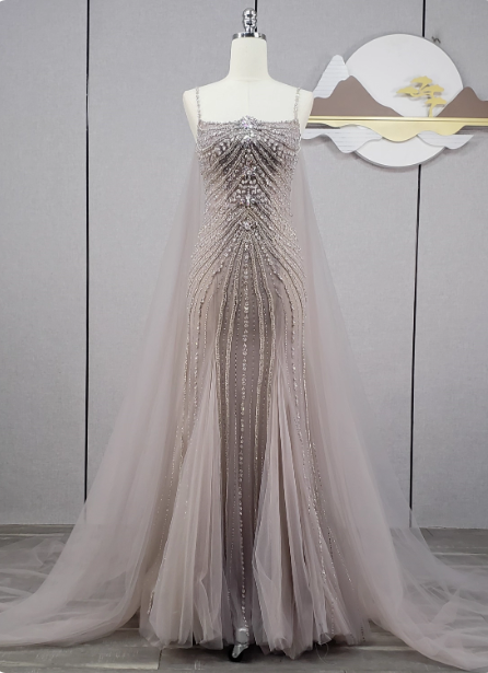 Gorgeous Light Lilac Spaghetti Strap Square Neck Rhinestone Tulle Train Formal Prom Dress Main image