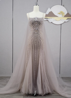 Gorgeous Light Lilac Spaghetti Strap Square Neck Rhinestone Tulle Train Formal Prom Dress