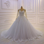 Gorgeous Long A Line Bateau Pearl Tulle Appliques Lace Wedding Dresses with Sleeves