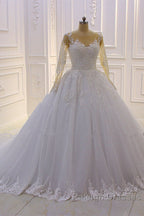 Gorgeous Long A Line Bateau Pearl Tulle Appliques Lace Wedding Dresses with Sleeves