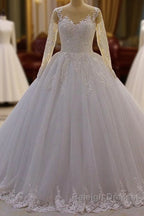 Gorgeous Long A Line Bateau Pearl Tulle Appliques Lace Wedding Dresses with Sleeves