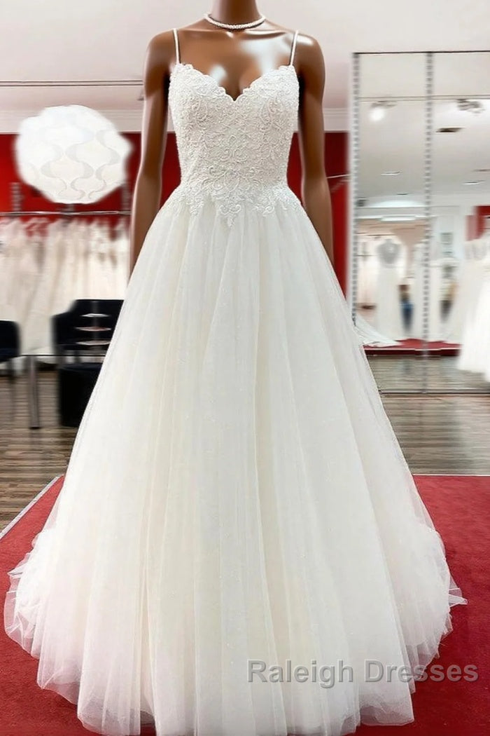 Gorgeous Long A-line Sweetheart Spaghetti Straps Tulle Lace Wedding Dresses Main image