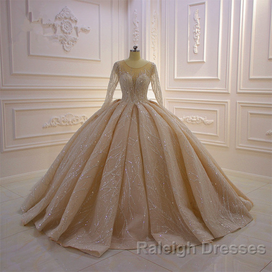Gorgeous Long Ball Gown Bateau Crystal Wedding Dresses with Sleeves Secondary image