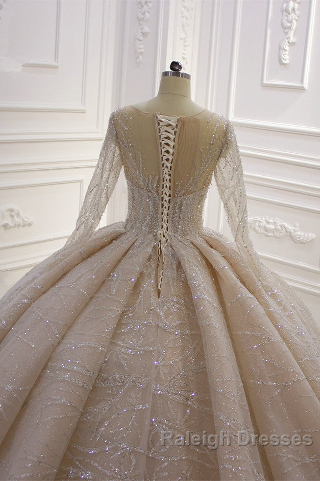 Gorgeous Long Ball Gown Bateau Crystal Wedding Dresses with Sleeves