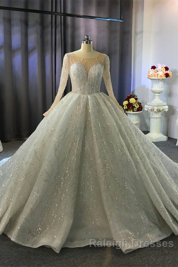 Gorgeous Long Ball Gown Bateau Crystal Wedding Dress with Sleeves