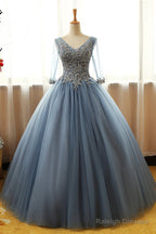 Gorgeous Long Blue Half Sleeve Prom Dresses, Floor-Length Long Dusty Blue Ball Gown Party Dress