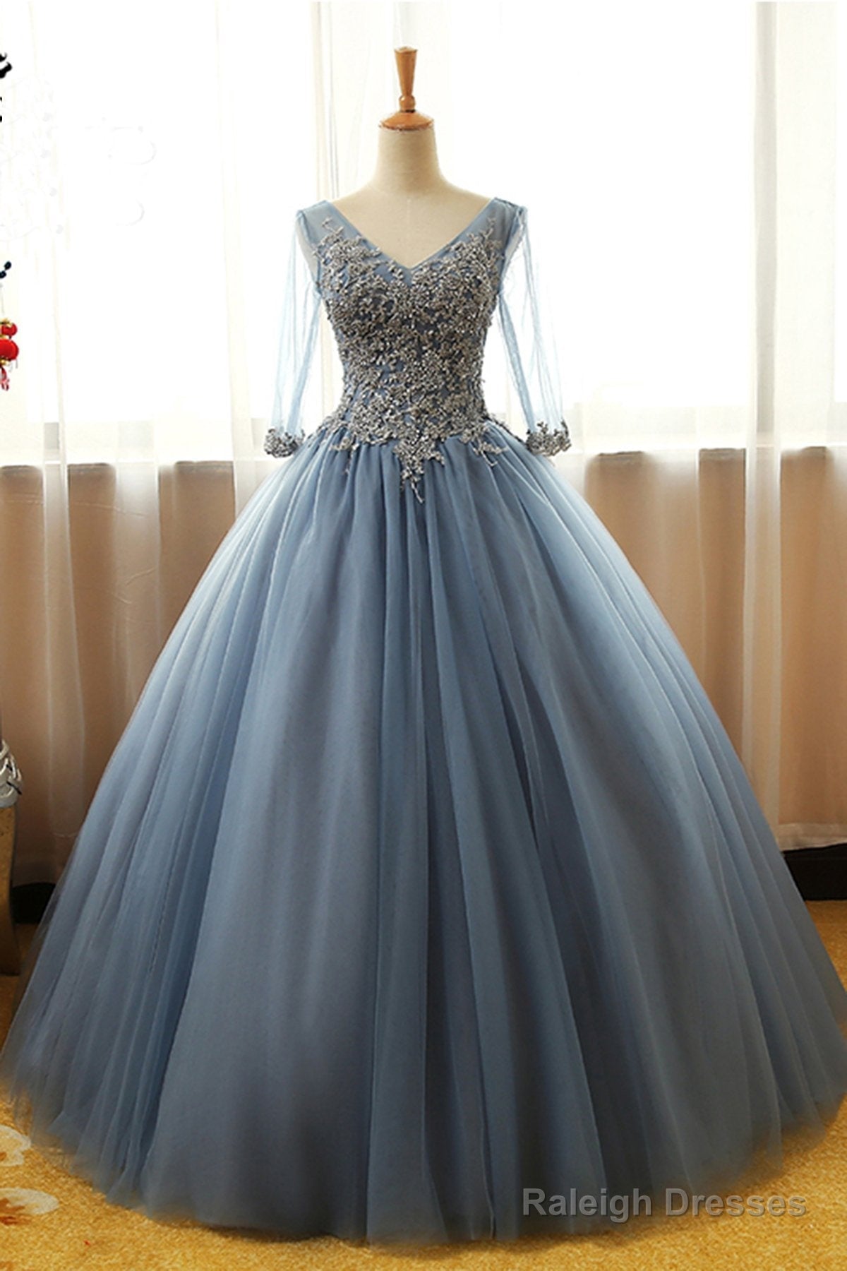 Gorgeous Long Blue Half Sleeve Prom Dresses, Floor-Length Long Dusty Blue Ball Gown Party Dress