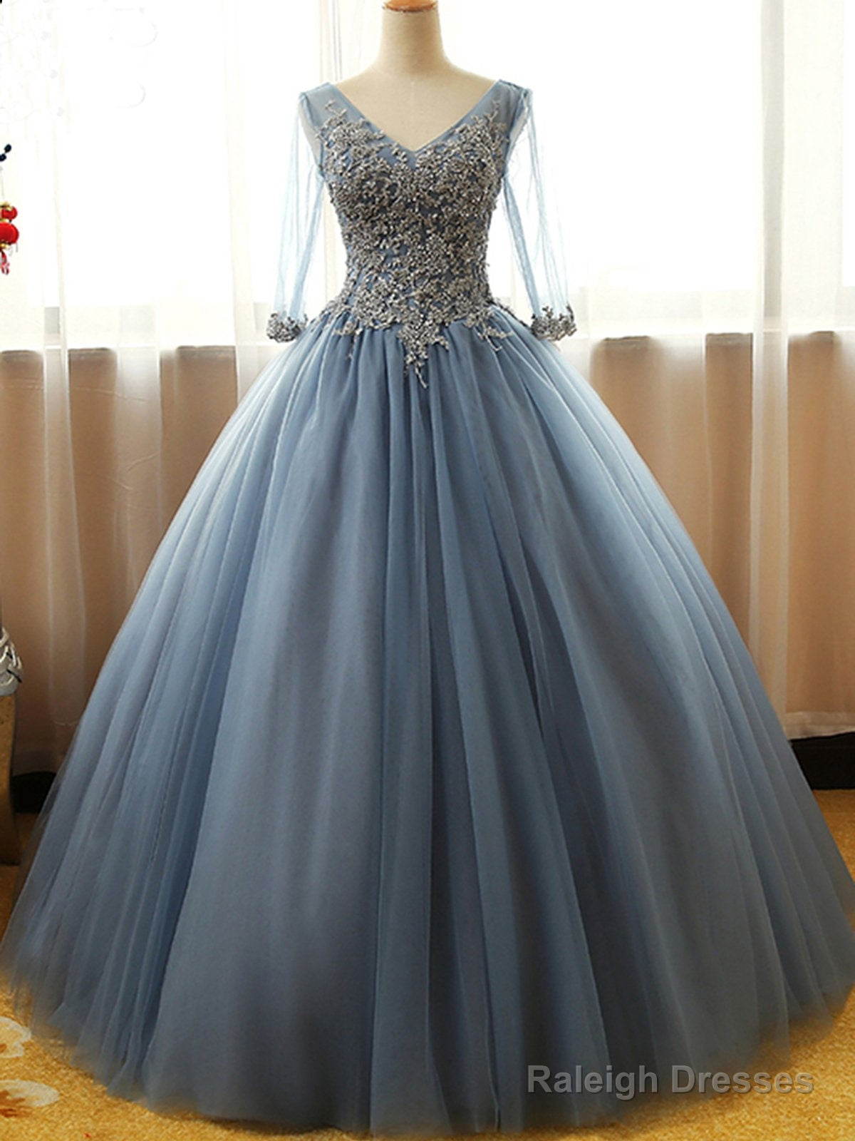 Gorgeous Long Blue Half Sleeve Prom Dresses, Floor-Length Long Dusty Blue Ball Gown Party Dress