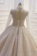 Gorgeous Long High neck Sequin Satin Ball Gown Wedding Dresses with Sleeves