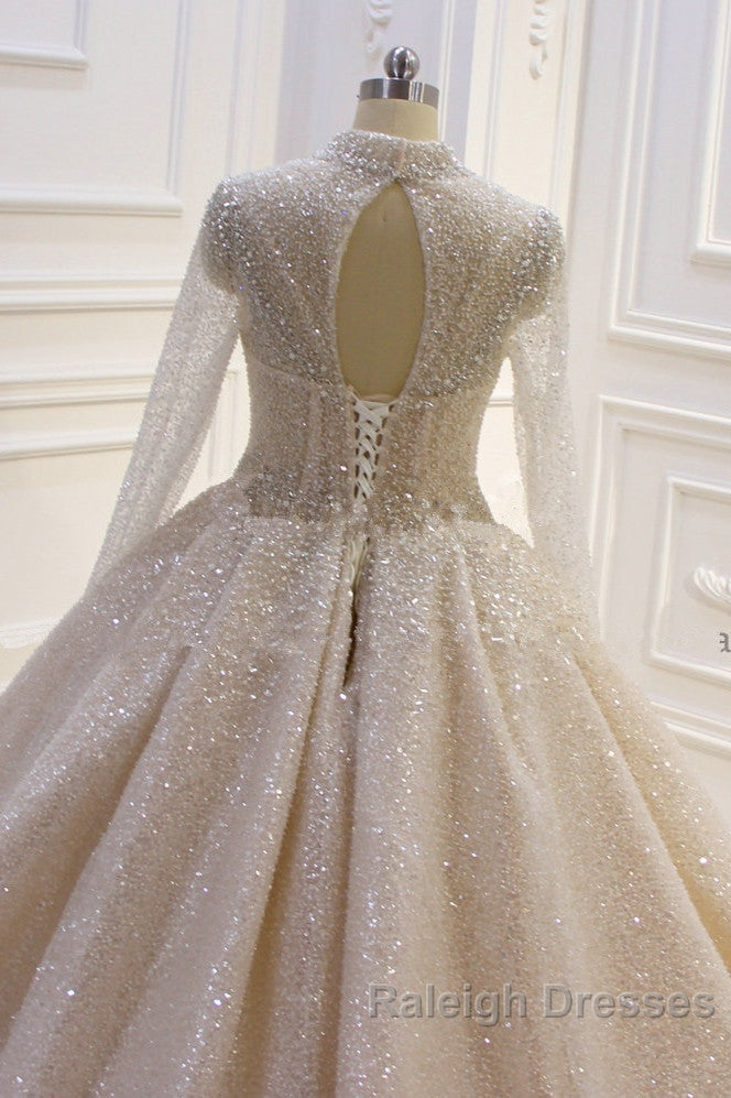 Gorgeous Long High neck Sequin Satin Ball Gown Wedding Dresses with Sleeves