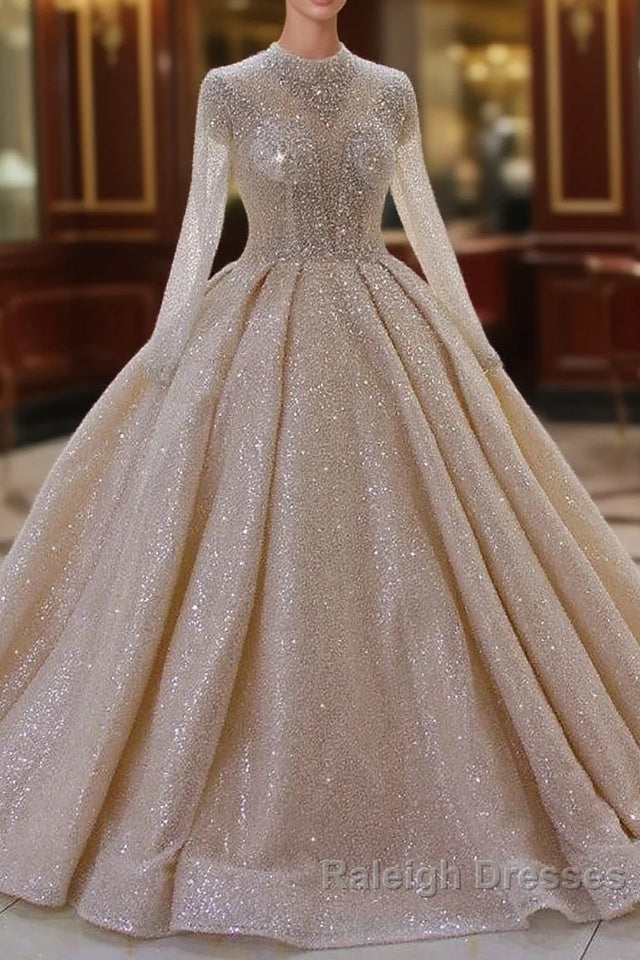 Gorgeous Long High neck Sequin Satin Ball Gown Wedding Dresses with Sleeves Main image