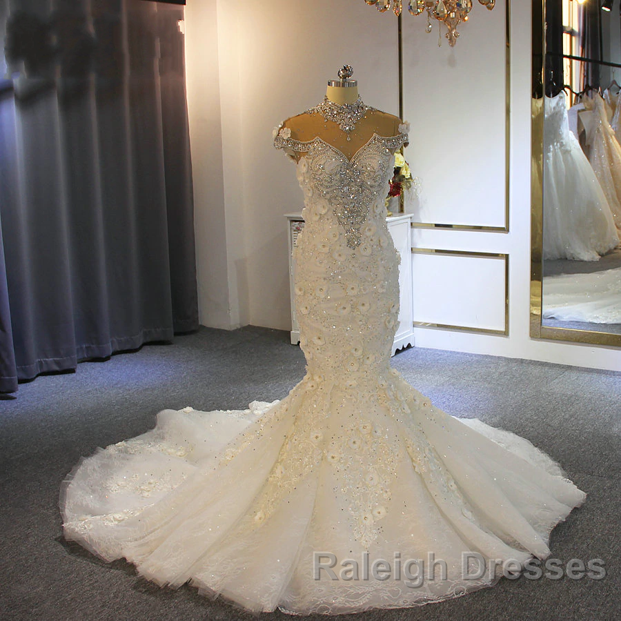 Gorgeous Long Mermaid High Neck Appliques Lace Crystal Tulle Wedding Dress Secondary image